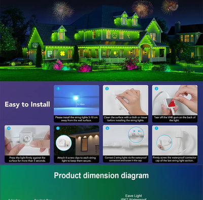 Outdoor Lights 100FT 72LED Smart RGBIC Eaves Lights Work with Alexa, Google