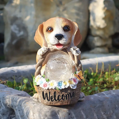 Outdoor Garden Dog Solar LED Light Welcome Card Statue Resin Crafts Decoration