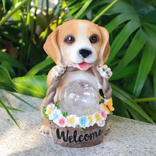 Outdoor Garden Dog Solar LED Light Welcome Card Statue Resin Crafts Decoration