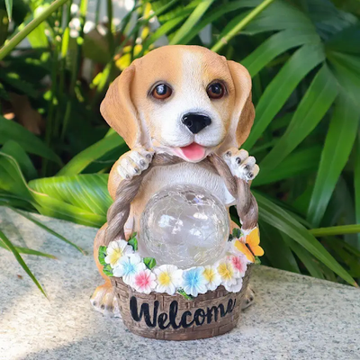 Outdoor Garden Dog Solar LED Light Welcome Card Statue Resin Crafts Decoration