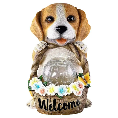 Outdoor Garden Dog Solar LED Light Welcome Card Statue Resin Crafts Decoration